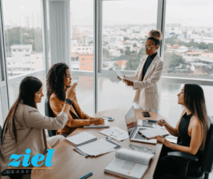 Business meeting with leader giving presentation