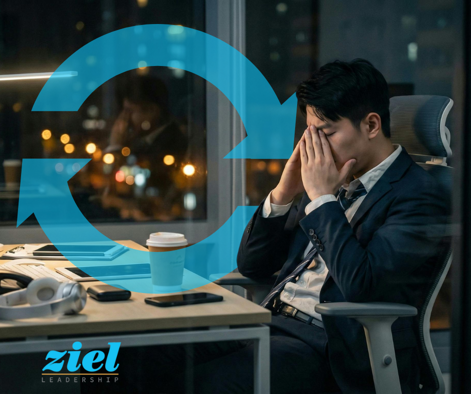 Professional man pausing thoughtfully at his desk amid overlapping circular patterns